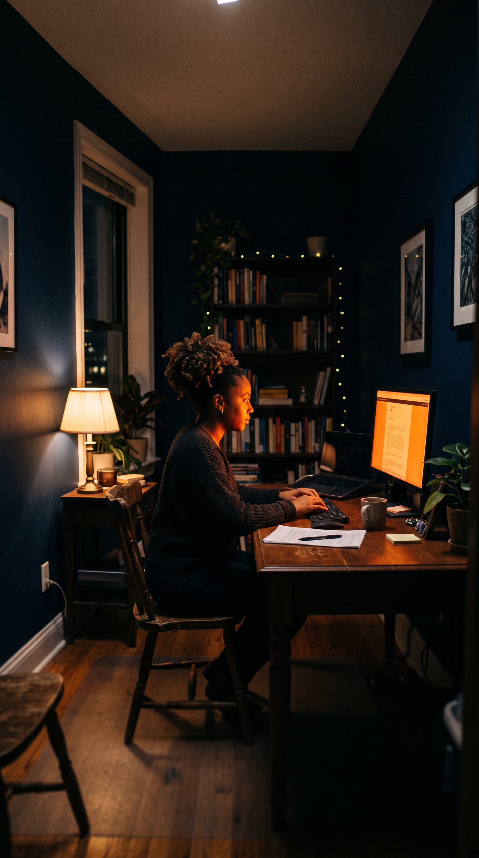 A woman at her desk in a lamp-lit room at night