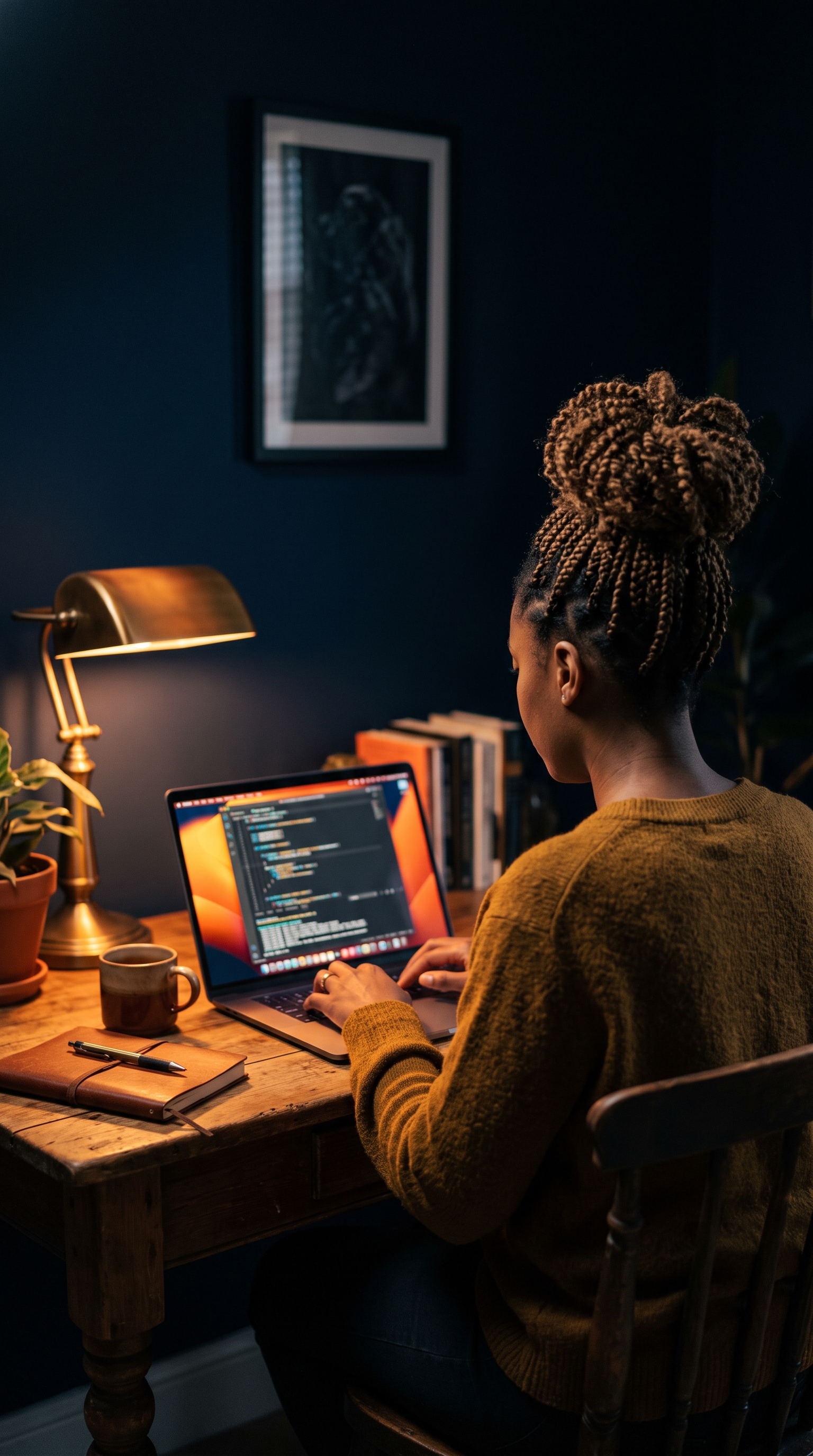 A woman seen from behind at a glowing laptop at night